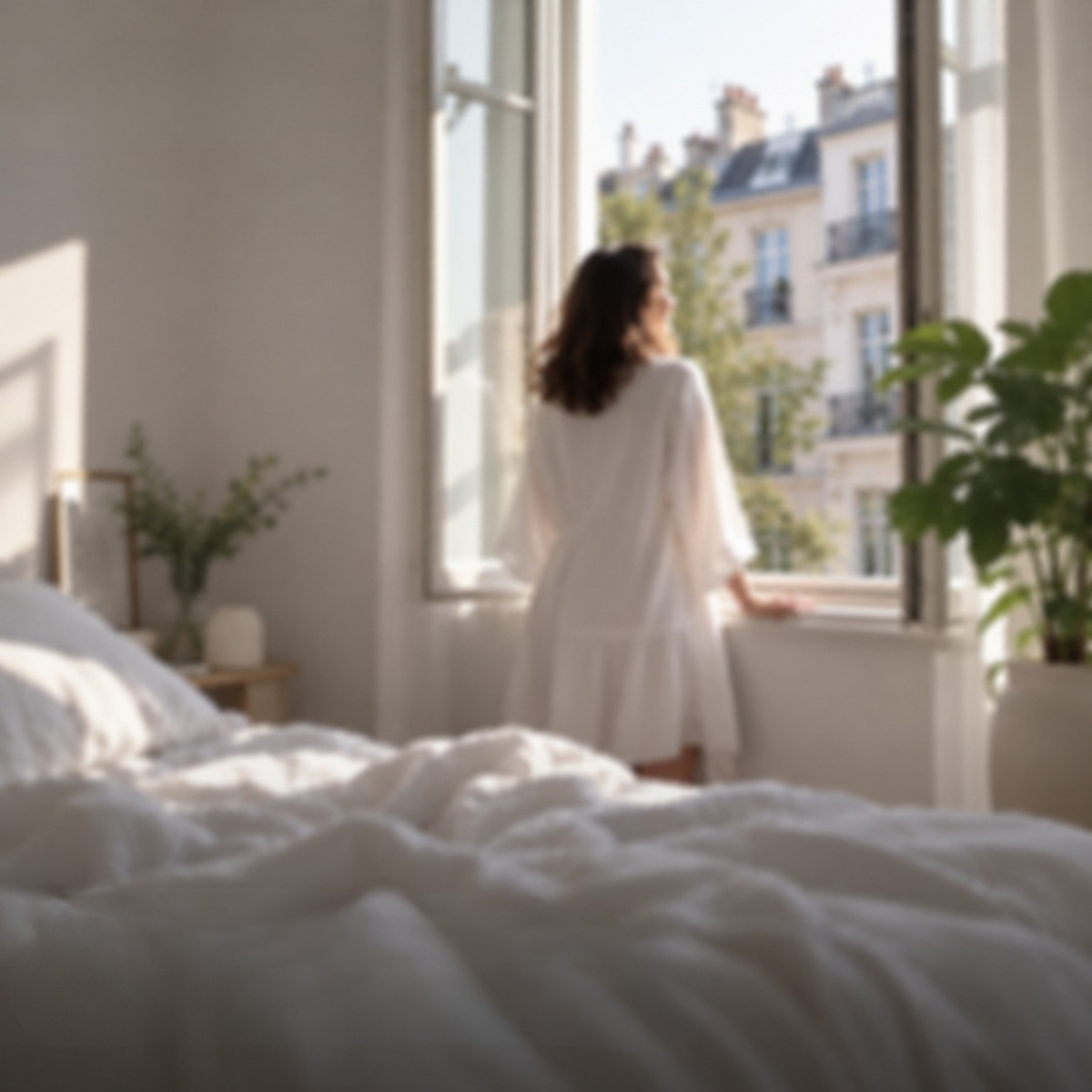 Vrouw kijkt uit het raam van een zonnige slaapkamer